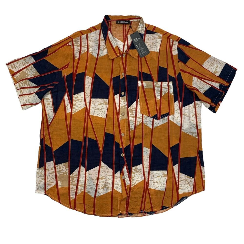Incerun Shirt Mens 5XL Orange Multi Abstract Vertical Stripe Geo Print Loose